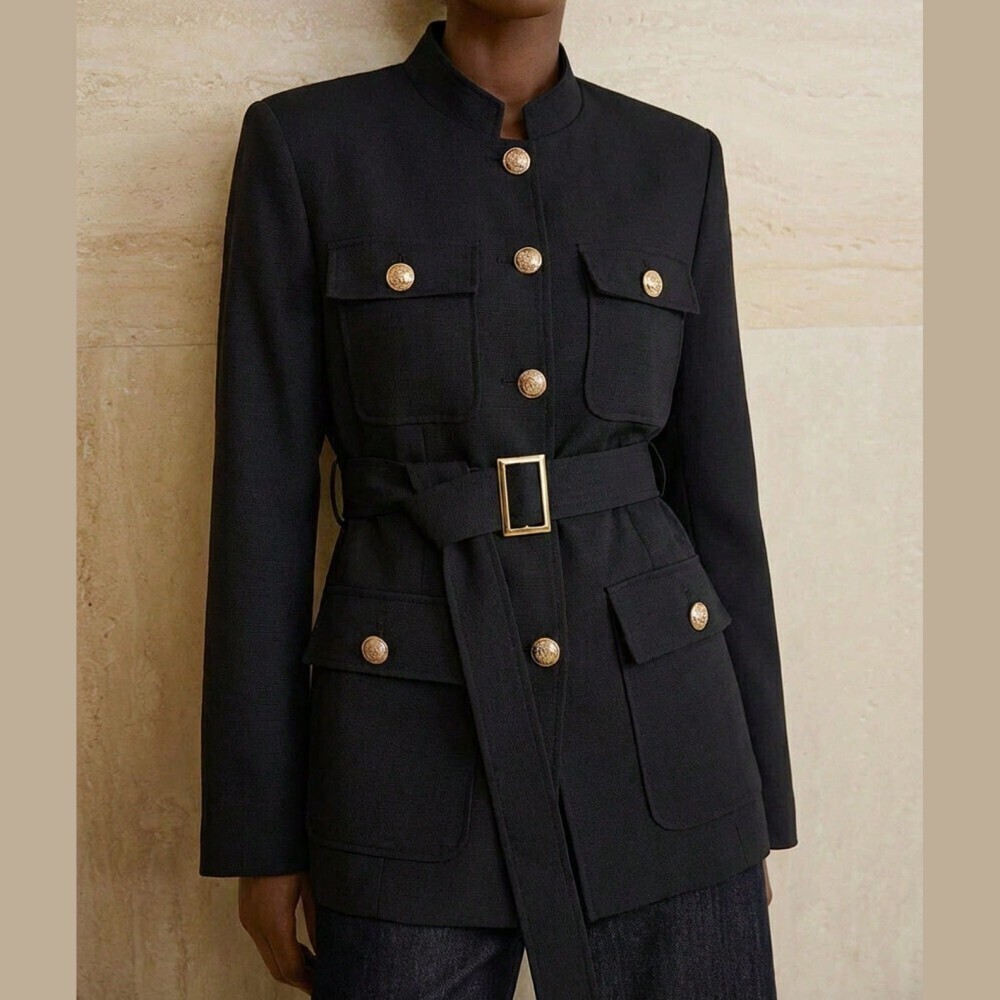 Black Belted Gold Button Stand Collar Cargo Pocket Military Blazer